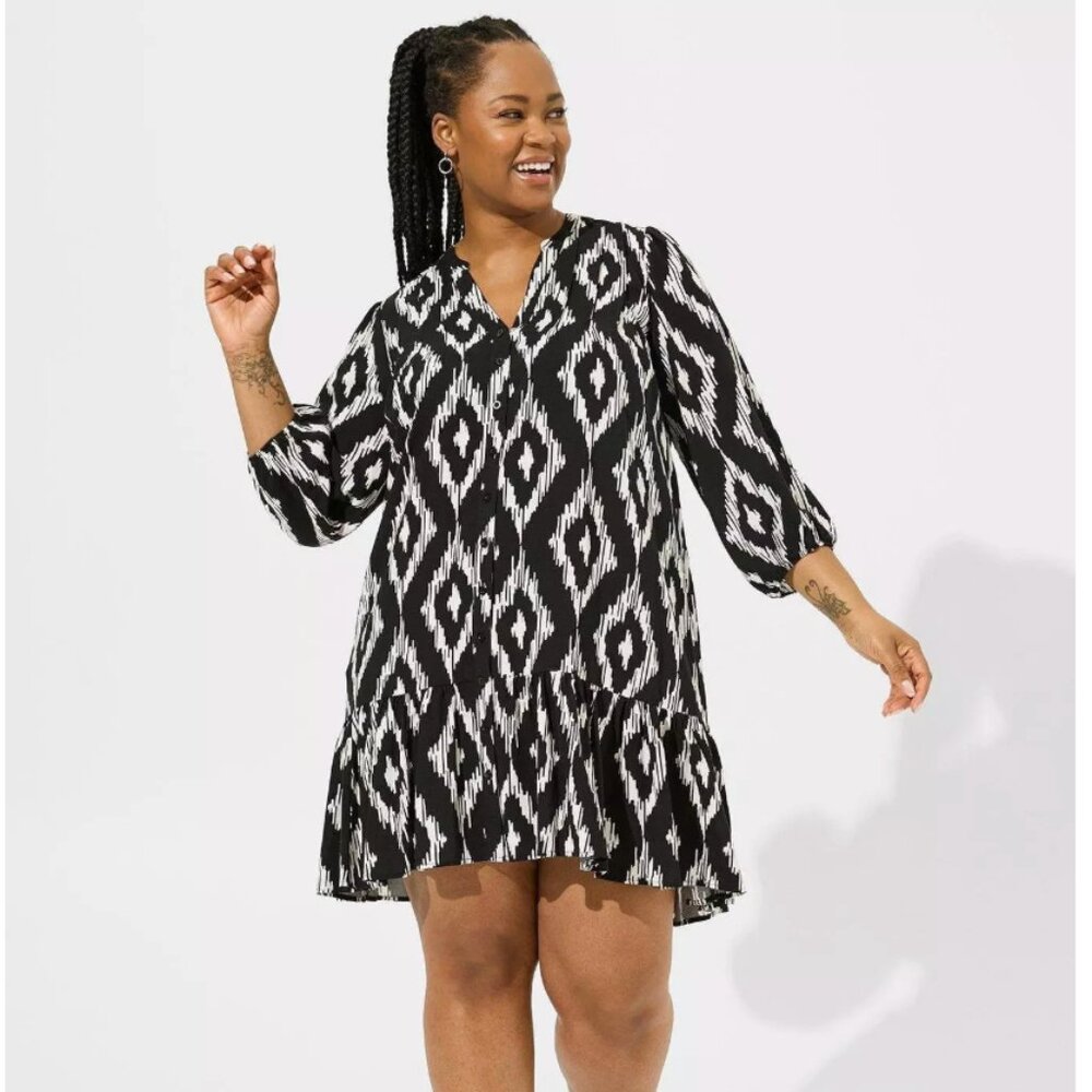 Mini Rayon Slub 3/4 Sleeve Trapeze Pleat Dress
